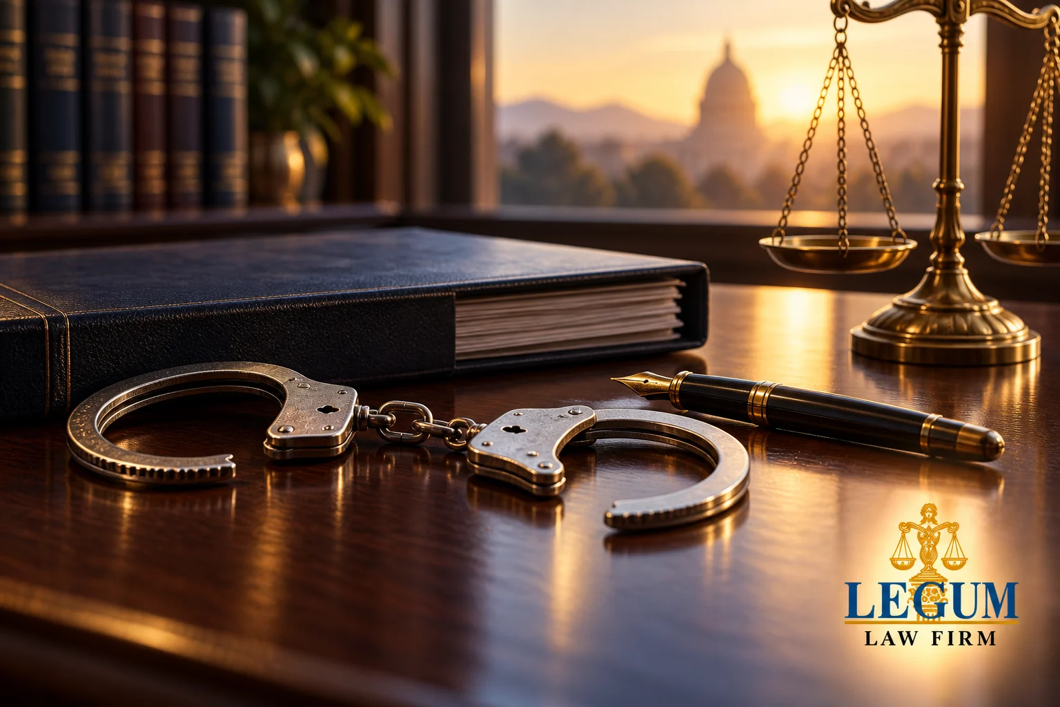 Geöffnete Handschellen neben Gerichtsakte, Füllfederhalter und Waage mit dem Logo von Legum Law Firm