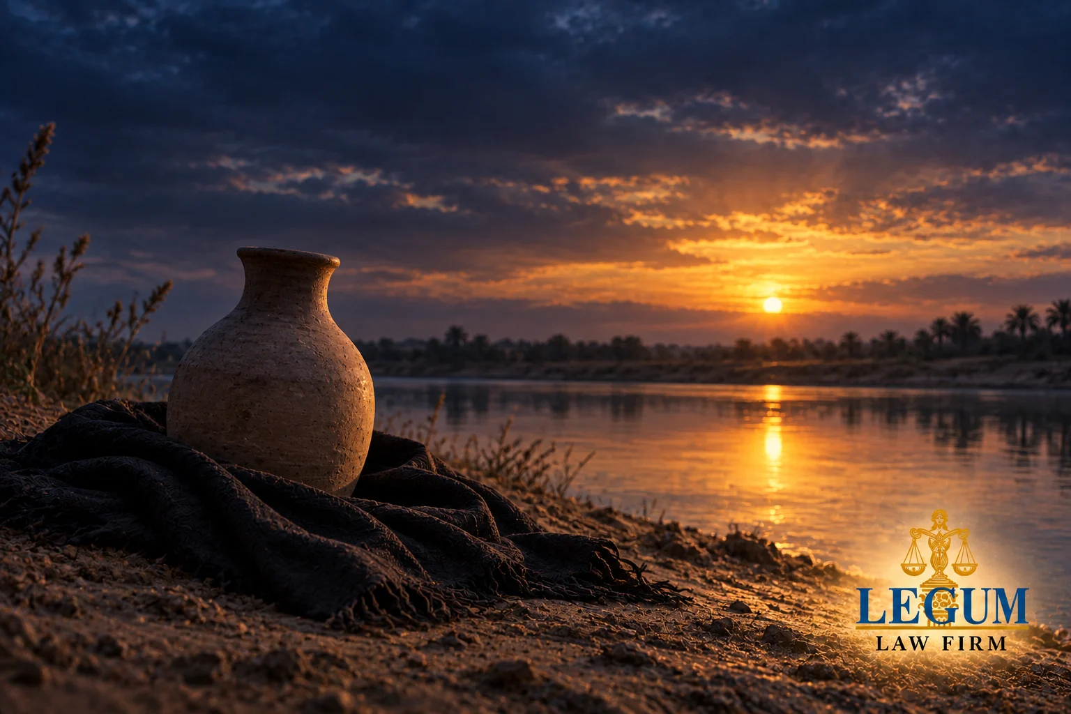 Ein tönernes Wassergefäß steht auf dunklem Stoff an einem Fluss im Sonnenuntergang.