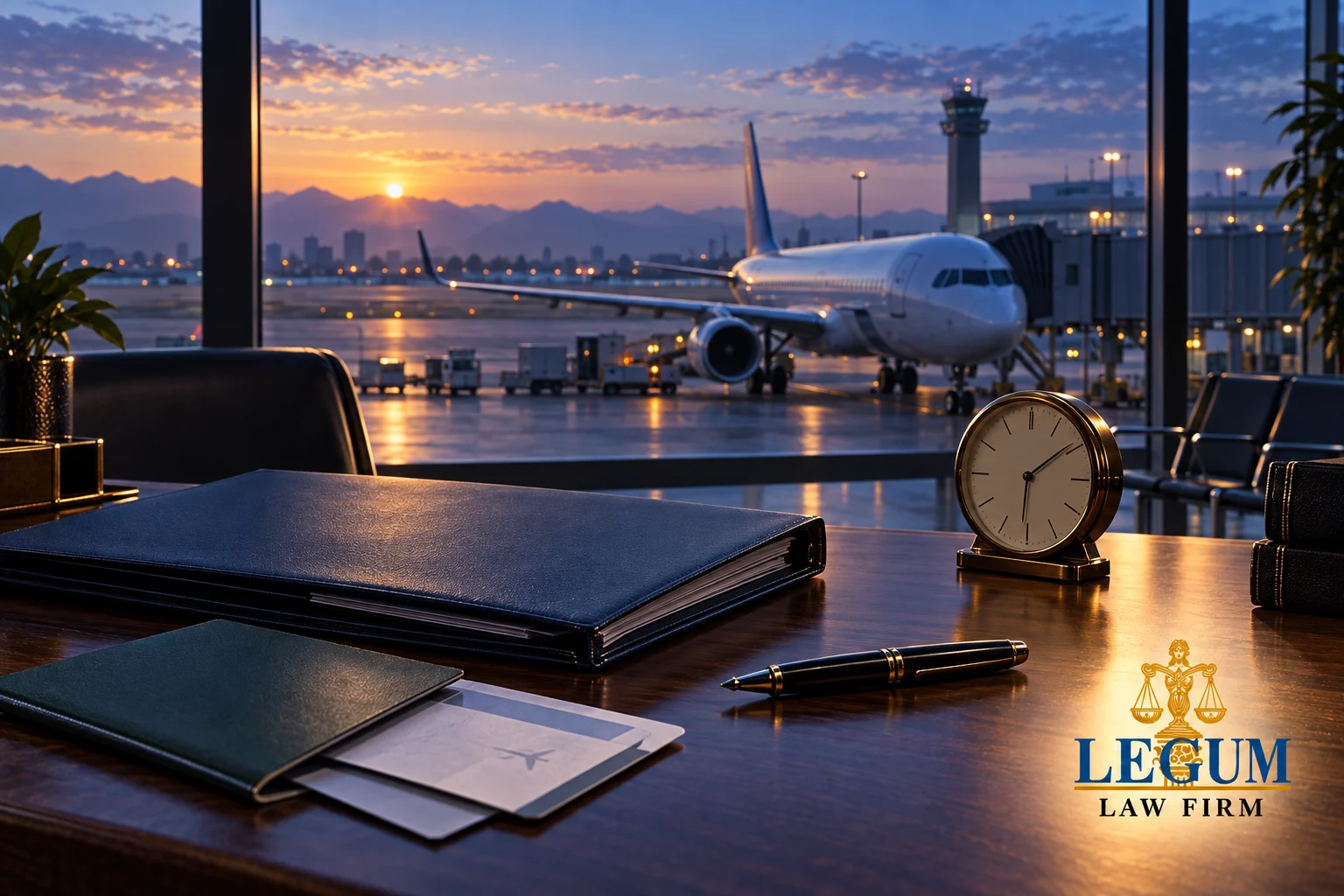 Flugzeug am Terminal bei Sonnenuntergang; davor Aktenmappe, Reisepass, Ticket, Stift und Tischuhr.