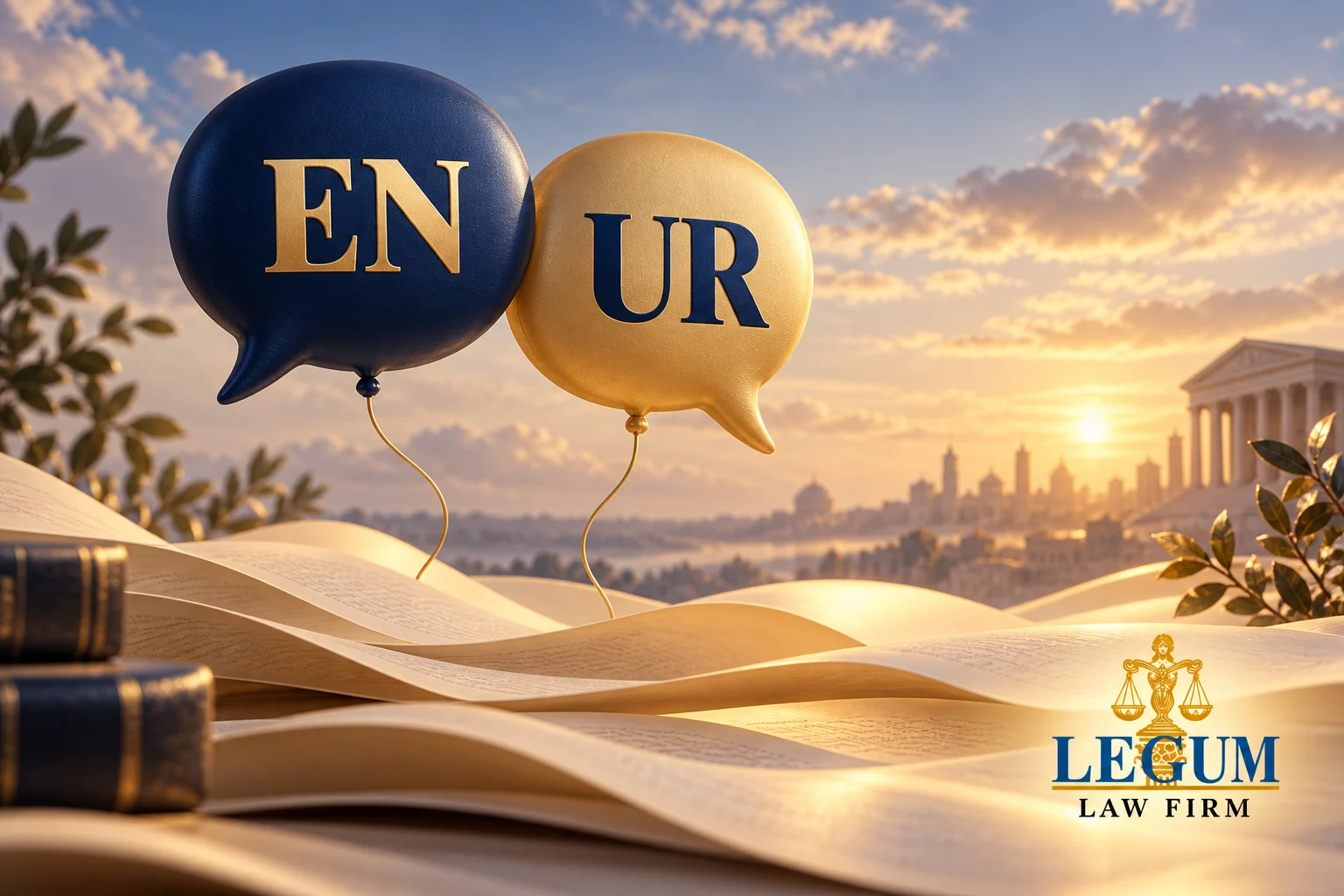 Blaue und goldene Sprechblasenballons mit EN und UR schweben über aufgeschlagenen Büchern.