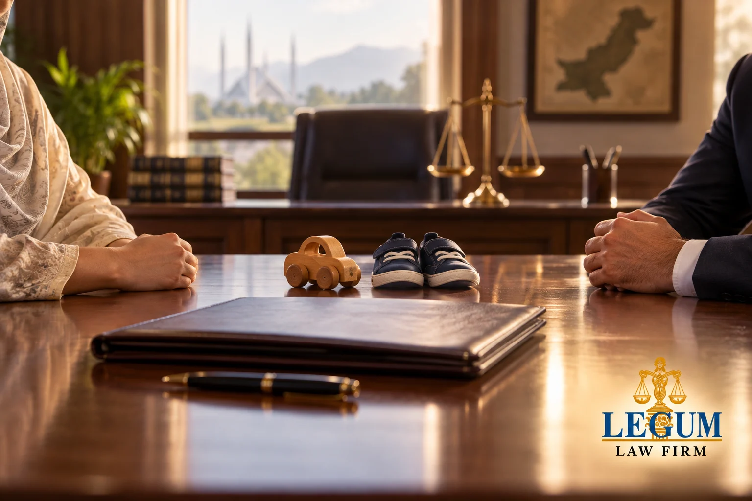 Kinderschuhe und Holzspielzeug zwischen zwei Eltern bei einem familienrechtlichen Gespräch, mit Waage und Logo von Legum Law Firm