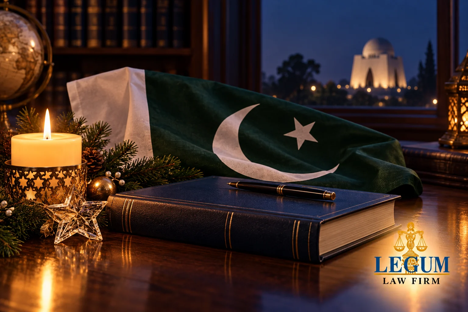 Weihnachtskerze und Stern neben Pakistans Flagge und einem Rechtsbuch; hinter dem Fenster Mazar-e-Quaid.