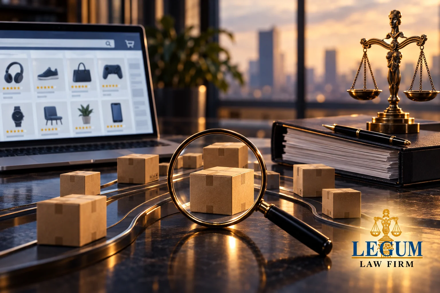 E-Commerce-Pakete, Lupe, Laptop und Waage mit dem Logo von Legum Law Firm