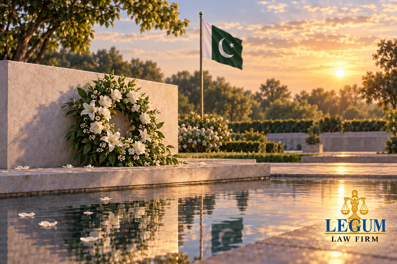 Ein weißer Blumenkranz neben einem spiegelnden Wasserbecken und Pakistans Flagge in einem ruhigen Garten.