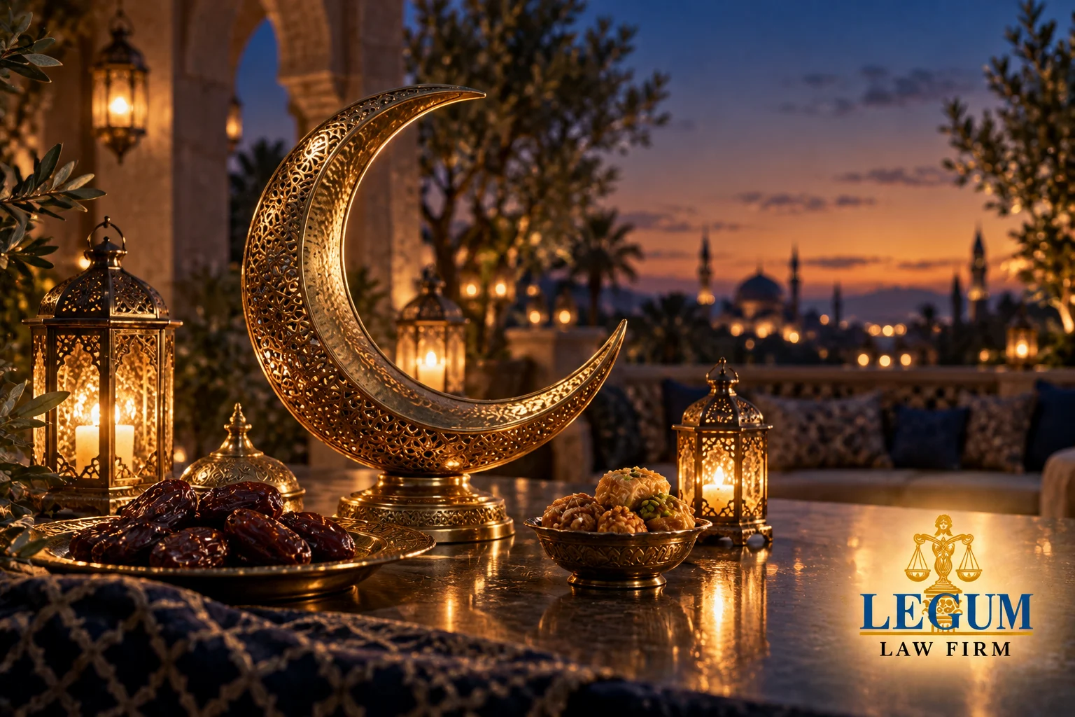 Messinghalbmond, Laternen, Datteln und Eid-Süßigkeiten in der Dämmerung mit dem Logo von Legum Law Firm