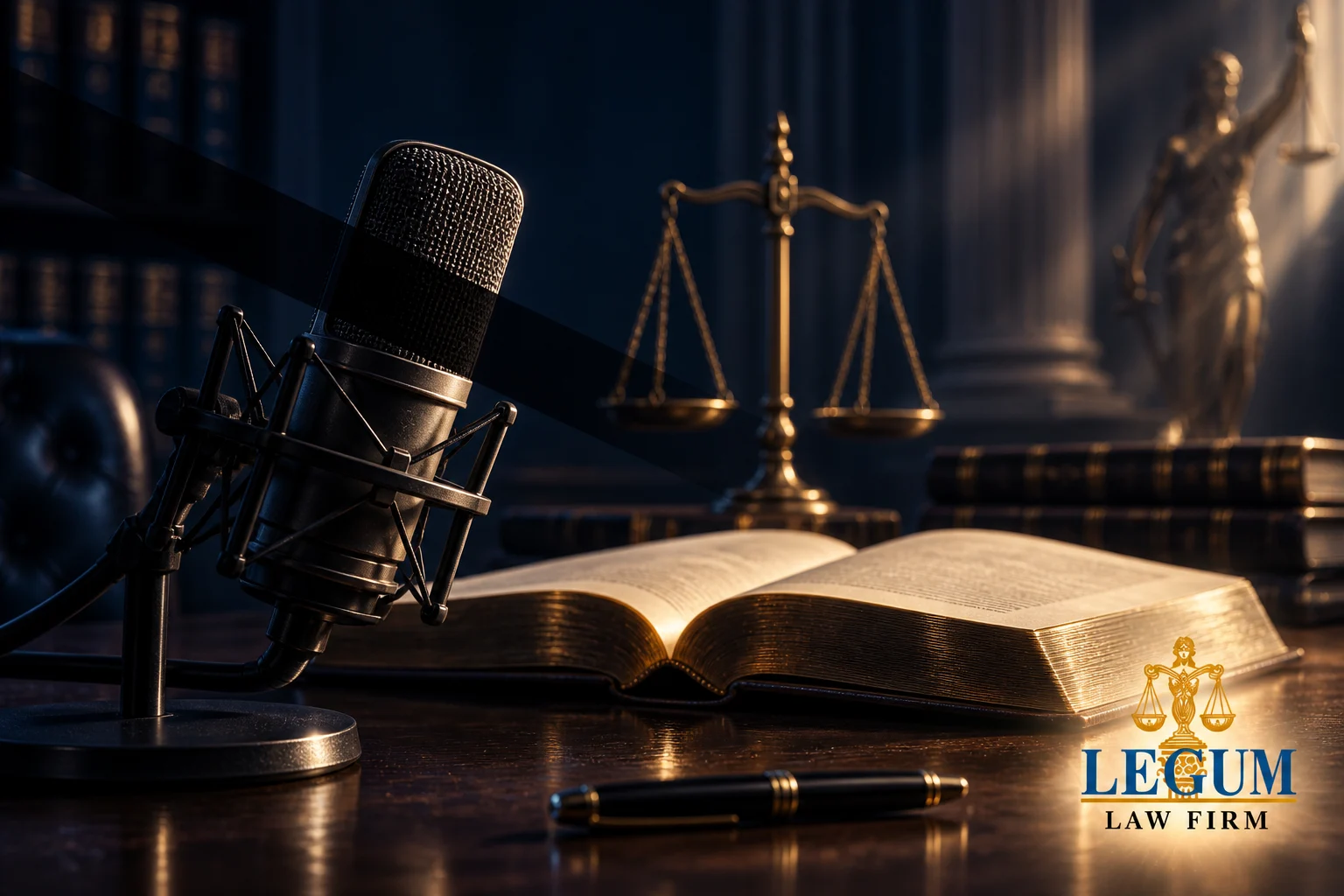 Rundfunkmikrofon, aufgeschlagenes Rechtswerk und Waage mit dem Logo von Legum Law Firm