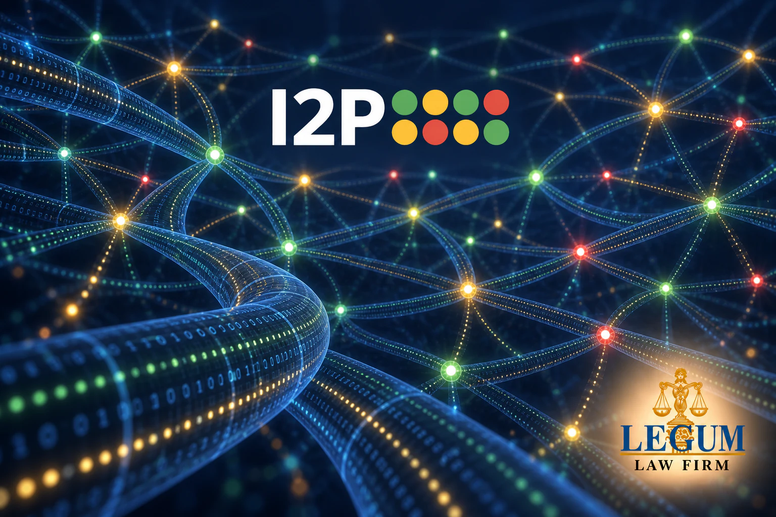 Offizielle Logos von I2P und Legum Law Firm über einem verteilten Netzwerk verschlüsselter Tunnel.
