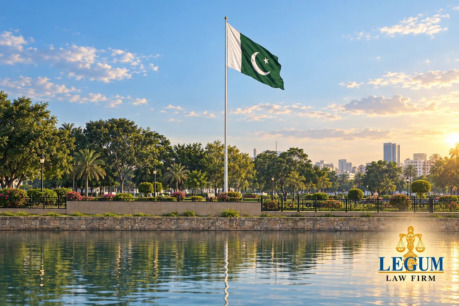 Nationalflagge Pakistans über einer Gartenanlage und spiegelndem Wasser mit dem Logo von Legum Law Firm