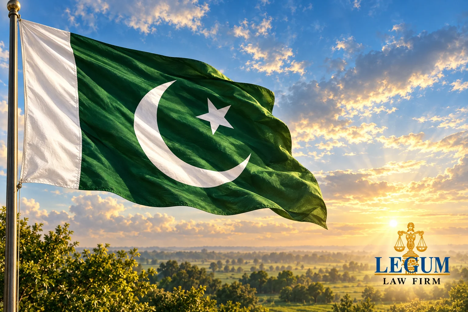 Pakistans grün-weiße Flagge weht über Feldern unter einem sonnigen Himmel.