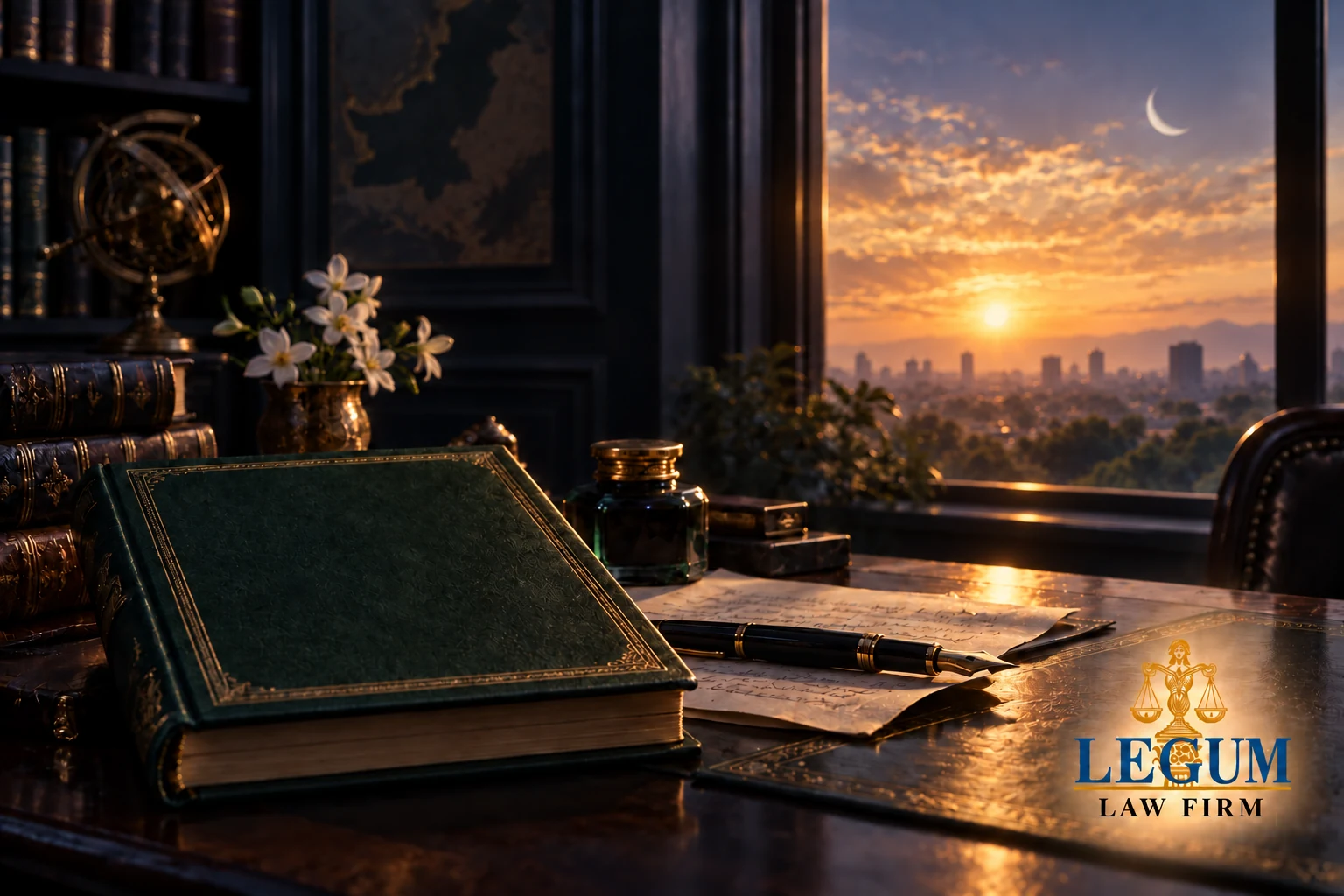 Eine besinnliche juristische Studierstube zum Iqbal-Tag mit Buch, Manuskript und Morgendämmerung über Lahore.