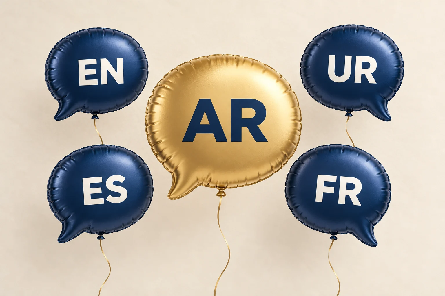 Goldener Ballon in Sprechblasenform mit AR, umgeben von blauen Ballons mit EN, UR, ES und FR: Arabisch ergänzt die Website.