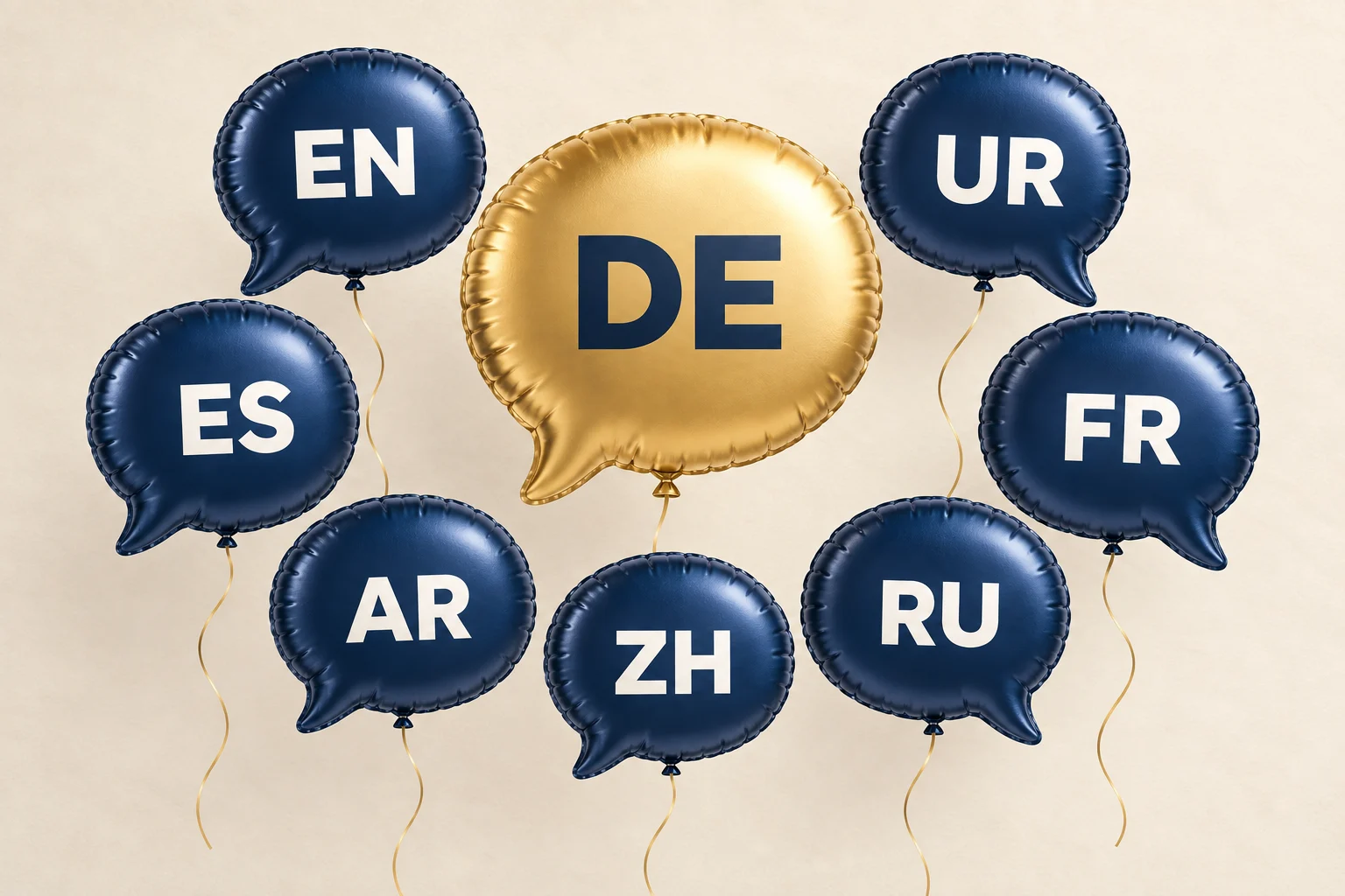 Goldener Ballon in Sprechblasenform mit DE, umgeben von sieben blauen Sprachballons: Deutsch wird zur achten Website-Sprache.