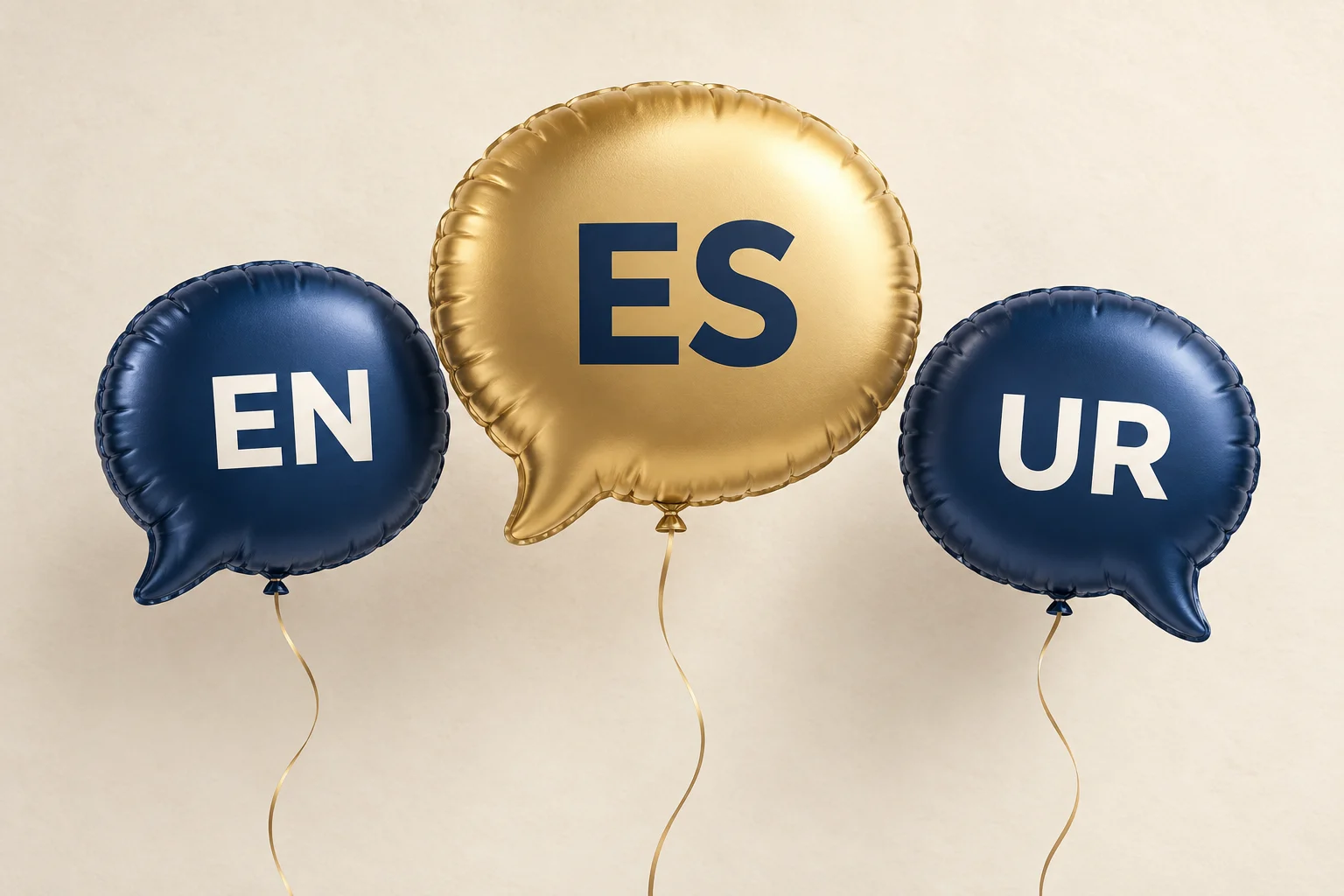 Goldener Ballon in Sprechblasenform mit ES neben blauen Ballons mit EN und UR: Spanisch ergänzt die Website.