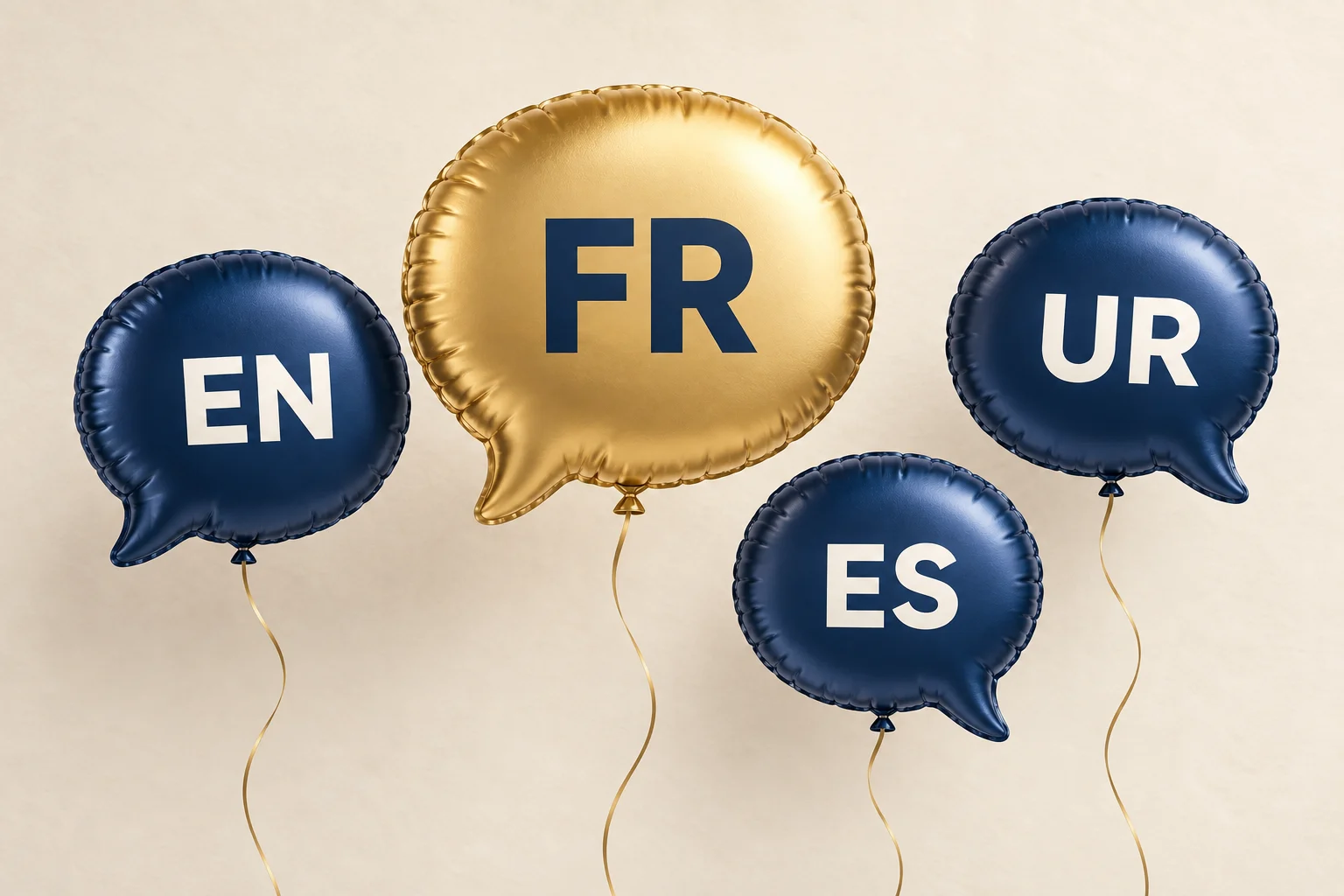Goldener Ballon in Sprechblasenform mit FR neben blauen Ballons mit EN, UR und ES: Französisch ergänzt die Website.