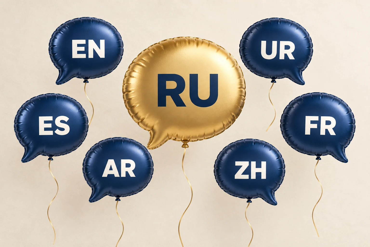 Goldener Ballon in Sprechblasenform mit RU, umgeben von sechs blauen Sprachballons: Russisch ergänzt die Website.