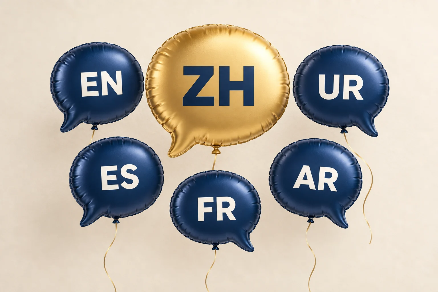 Goldener Sprechblasenballon mit ZH neben fünf blauen Sprachballons: Chinesisch in vereinfachter Schrift ergänzt die Website.