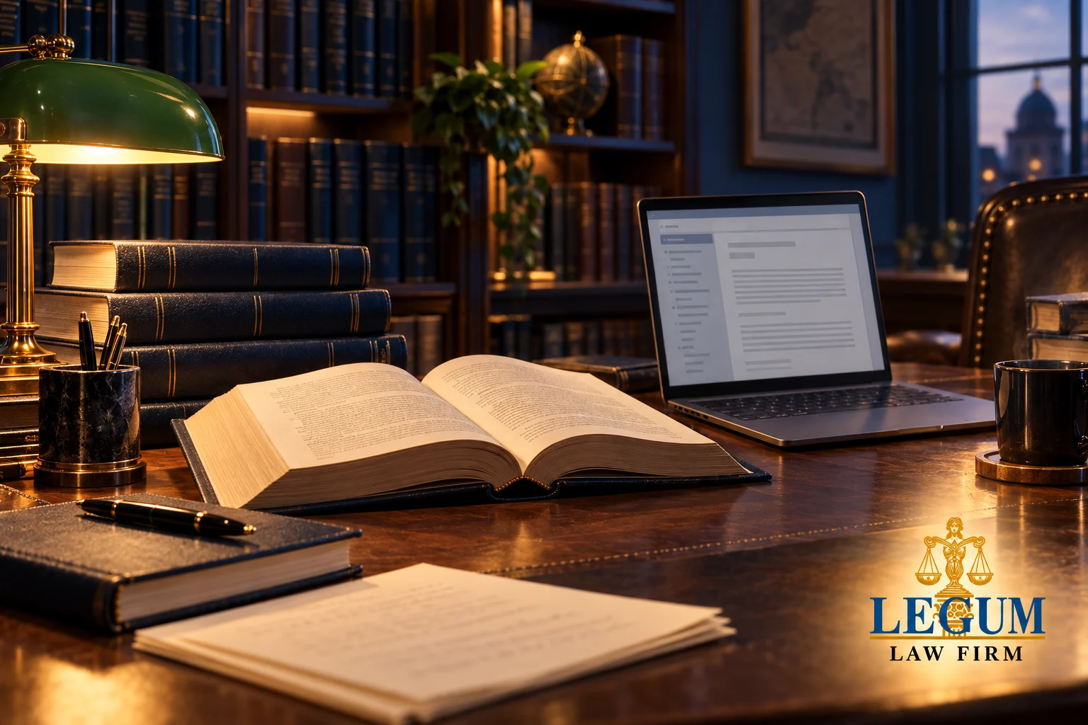 Ein aufgeschlagenes Rechtsbuch und ein Laptop auf einem warm beleuchteten Bibliothekstisch.