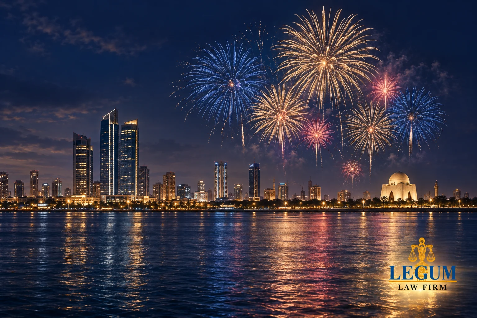 Feuerwerk über der Uferpromenade von Karachi bei Nacht mit dem Logo von Legum Law Firm