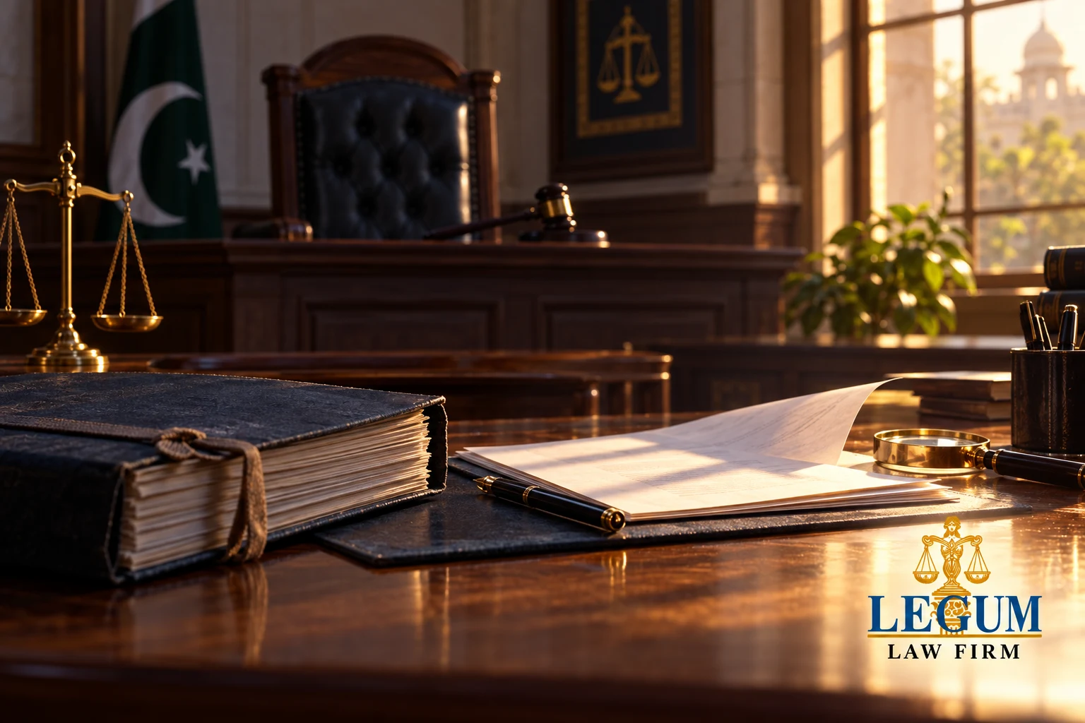 Eine Prozessakte und geprüfte Unterlagen in einem pakistanischen Gerichtssaal; unten rechts das Logo von Legum Law Firm.