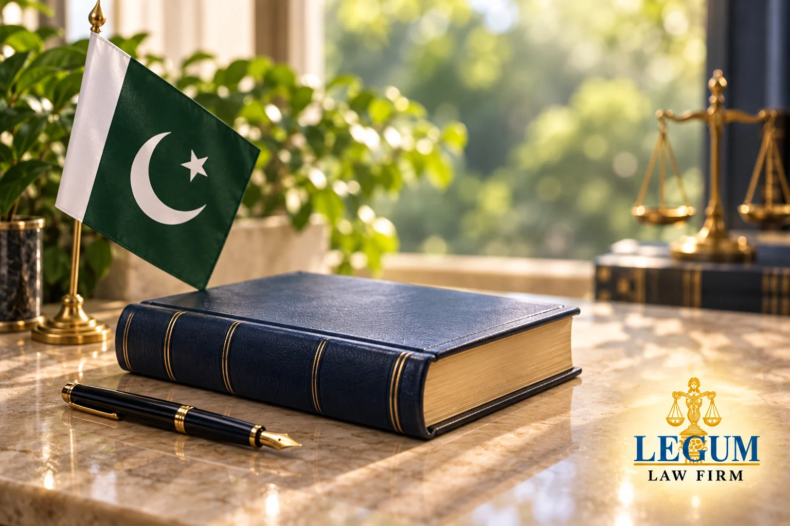 Pakistans Flagge, ein geschlossenes Rechtsbuch und ein Füllfederhalter; dahinter eine Waage der Justiz.