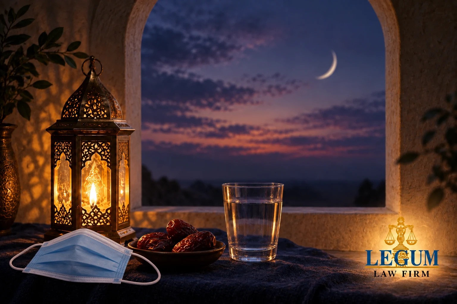 Ramadan-Stillleben mit medizinischer Maske als Erinnerung an die Gesundheitsschutzmaßnahmen von 2020 und dem Schriftzug von Legum Law Firm.