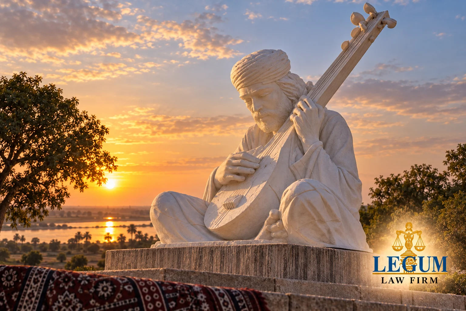 Denkmal für Shah Abdul Latif Bhittai mit traditionellem Instrument bei Sonnenuntergang und dem Logo von Legum Law Firm