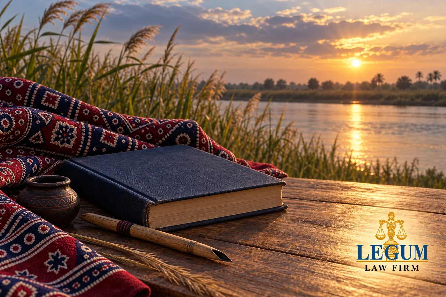 Ein geschlossenes Buch, ein Schilfrohrstift und ein Ajrak-Tuch an einem Fluss im goldenen Licht.
