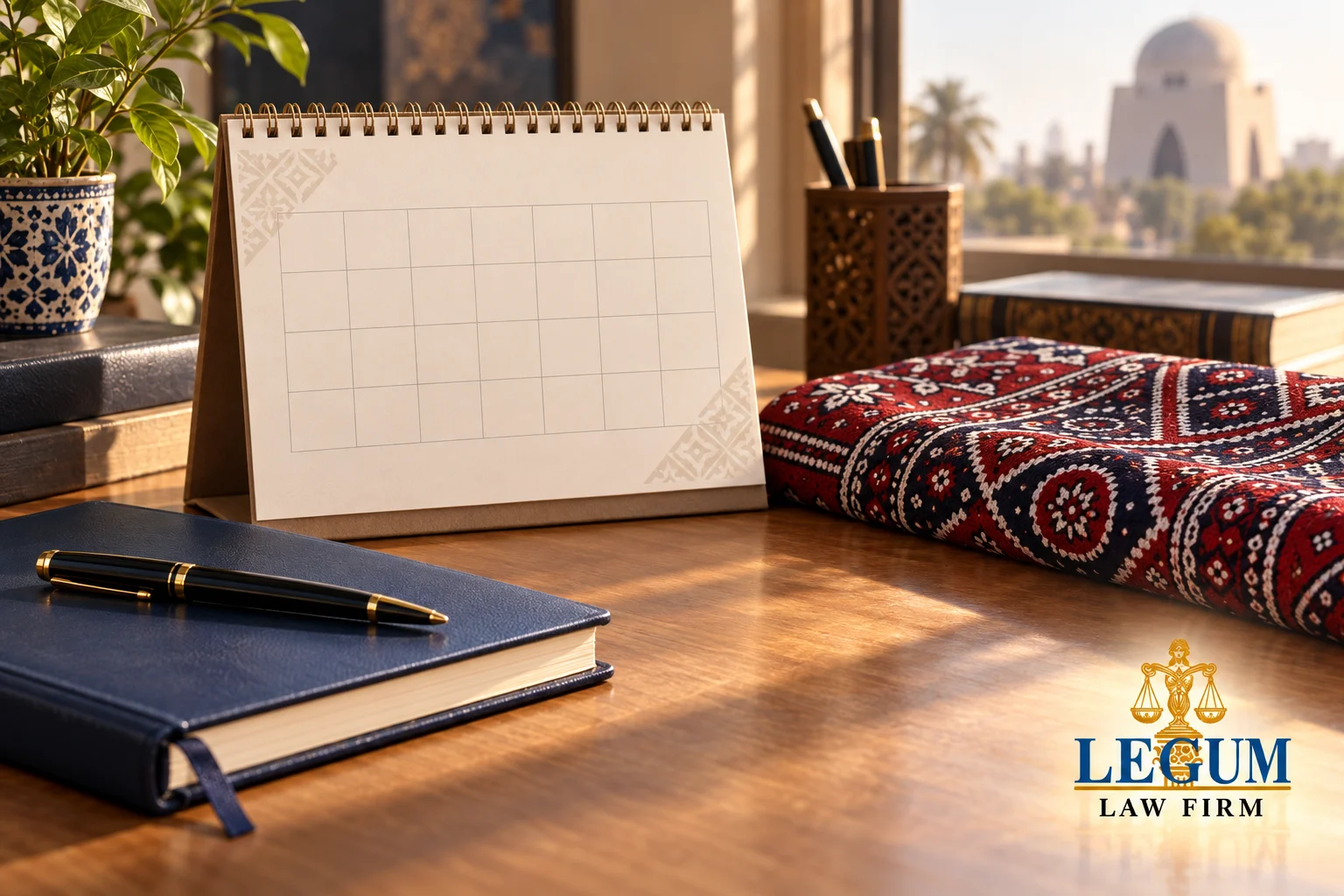 Ein unbeschrifteter Tischkalender, ein Notizbuch und ein Ajrak-Tuch in einer sonnigen Büroszene.