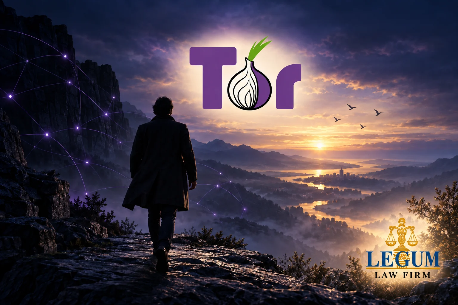 Logos von Tor und Legum Law Firm mit einer Person als Silhouette vor einer Landschaft bei Sonnenaufgang.