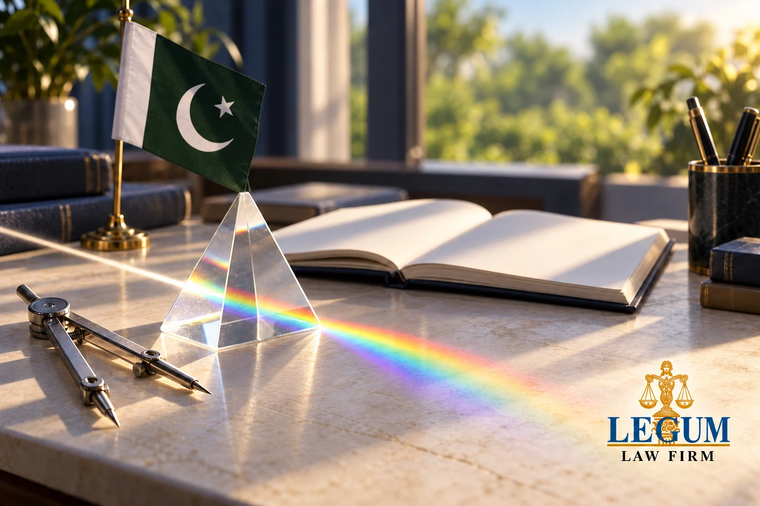Ein Glasprisma erzeugt ein Farbspektrum neben einem Zeichenzirkel, einem leeren Notizbuch und Pakistans Flagge.