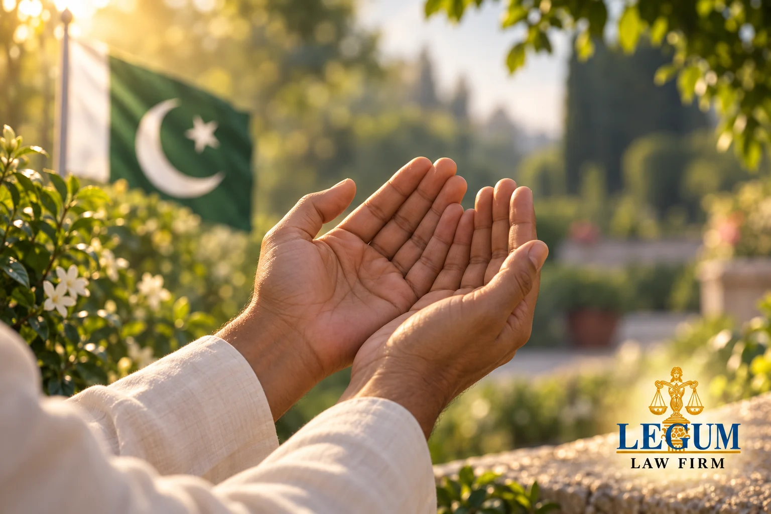 Zum Gebet erhobene Hände vor einer pakistanischen Flagge in einem sonnigen Garten.
